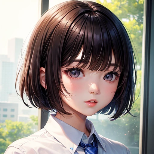 There is a woman wearing a tie and a white shirt., Short hair, Beautiful Korean Women, Korean Girls, San Yun-ju, Cute Korean Actresses, Gorgeous Young Korean Woman, Lee Ji-eun, Lee Ji-eun, Chen Xintong, Neat hairstyle with bangs, Short brown hair with bangs, Beautiful young Korean woman, Choi Hong-hwa