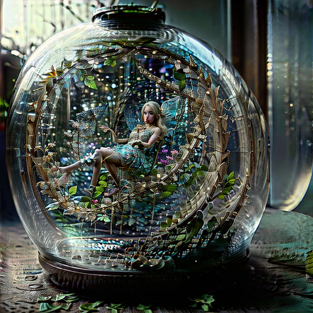 a little fairy trapped in a glass jar. outfit with leaves. White hair. blonde, blue eyes, fairy. tiny. little fairy inside a glass jar.