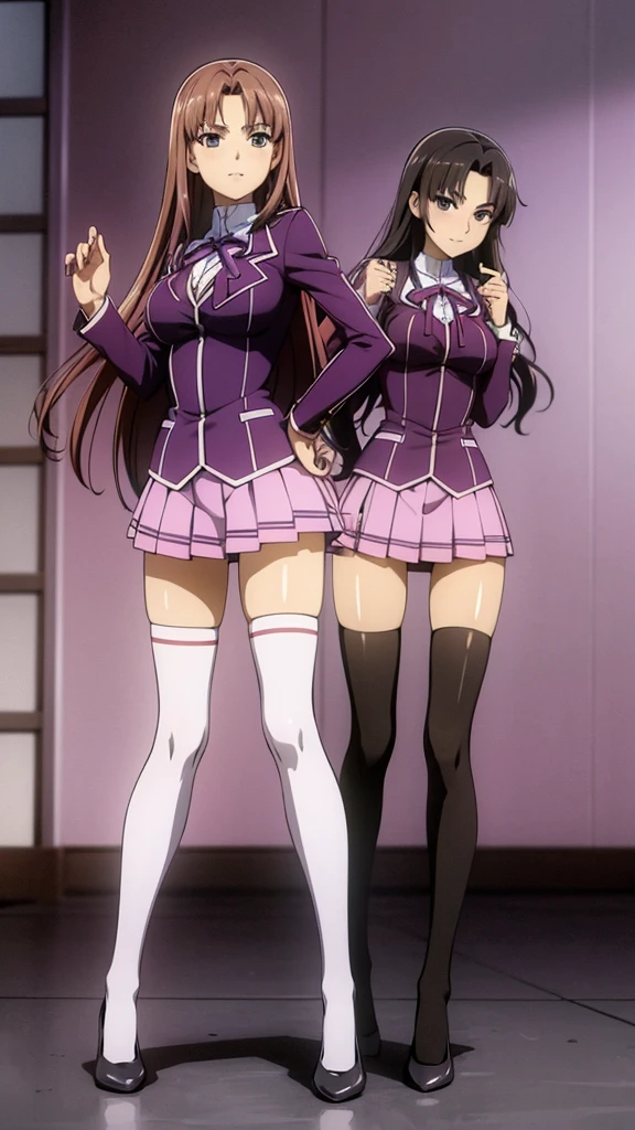 Masterpiece, high quality, 2girls, duo, identical twins, identical sisters, brown hair, curly hair, matching hairstyles, hazel eyes, medium sized bust, (light purple school uniform, sexy school uniform, light purple blazer, lace section, ribbon, light purple short skirt, white thigh-high socks, black low heels, matching outfits), smile, flat_color, full body, seductive pose, duo pose
