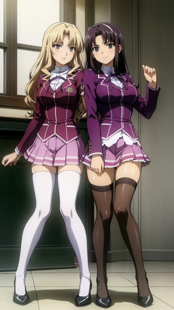 Masterpiece, high quality, 2girls, duo, identical twins, identical sisters, brown hair, curly hair, matching hairstyles, hazel eyes, medium sized bust, (light purple school uniform, sexy school uniform, light purple blazer, lace section, ribbon, light purple short skirt, white thigh-high socks, black low heels, matching outfits), smile, flat_color, full body, seductive pose, duo pose