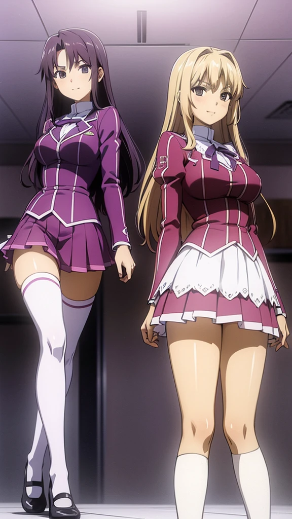 Masterpiece, high quality, 2girls, duo, identical twins, identical sisters, brown hair, curly hair, matching hairstyles, hazel eyes, medium sized bust, (light purple school uniform, sexy school uniform, light purple blazer, lace section, ribbon, light purple short skirt, white thigh-high socks, black low heels, matching outfits), smile, flat_color, full body, seductive pose, duo pose