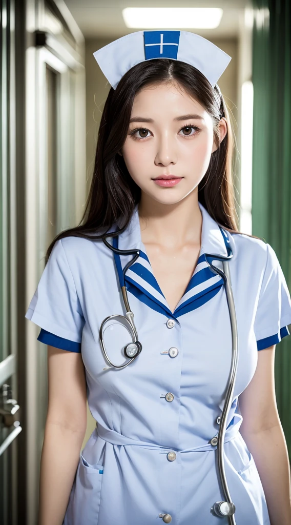 (8K, Raw photography, top-quality, masterpiece: 1.2), masterpiece, Super Detail, 超A high resolution, (Realistic and realistic photos: 1.37), high-definition RAW color photography, extremely delicate and beautiful, ighly detailed, 8K Wallpaper, astonishing, detaileds, extremely detailed eye, highlydetailed skin, extremely detailed fingers, highly detailed nose, highly detail mouth, perfect anatomia,1girl in, Blurry, Blurry background, Blurred foreground, blush, Colossal , depth of fields, eyebrows visible through hair, hair between eye, Inside the hospital, solo, (huge tit:1.3)、Nogizaka Idol、Korean Idol、hposing Gravure Idol、、25-years old、tall、(((nurse's uniform:1.3)))、((Nurse in uniform:1.2))、Black thigh stockings、valley