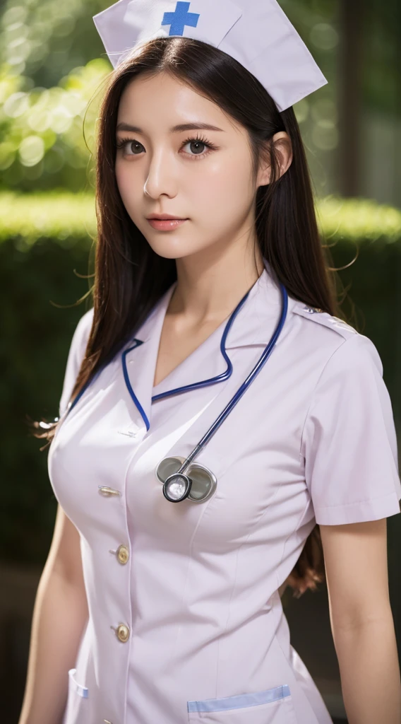 (8K, Raw photography, top-quality, masterpiece: 1.2), masterpiece, Super Detail, 超A high resolution, (Realistic and realistic photos: 1.37), high-definition RAW color photography, extremely delicate and beautiful, ighly detailed, 8K Wallpaper, astonishing, detaileds, extremely detailed eye, highlydetailed skin, extremely detailed fingers, highly detailed nose, highly detail mouth, perfect anatomia,1girl in, Blurry, Blurry background, Blurred foreground, blush, Colossal , depth of fields, eyebrows visible through hair, hair between eye, Inside the hospital, solo, (huge tit:1.3)、Nogizaka Idol、Korean Idol、hposing Gravure Idol、、25-years old、tall、(((nurse's uniform:1.3)))、((Nurse in uniform:1.2))、Black thigh stockings、valley