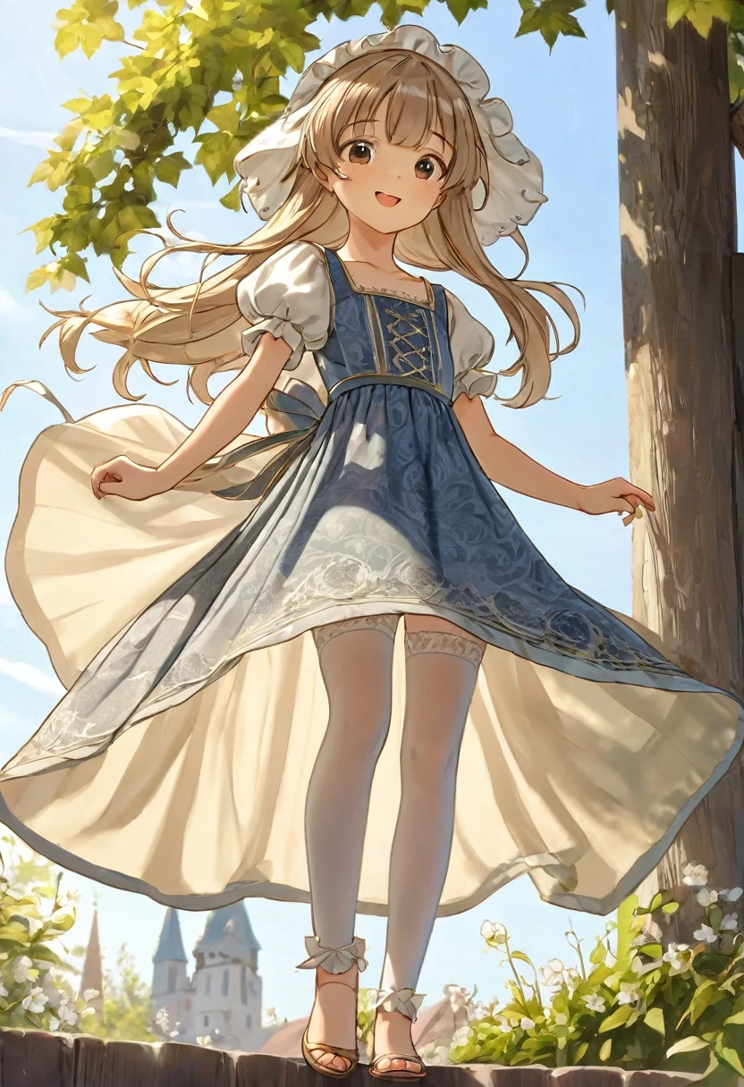 10 year old girl underwear, Kind Face, Long bloomers made of patterned cotton fabric, Medieval one-piece dress with panniers, Low - Angle, Pull up the dress by hand, Strong winds, Translucent slip, Translucent slip, tights, Highest quality, Crotch close-up, whole body