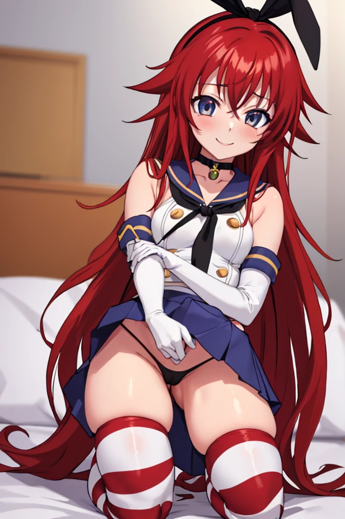 Rias Gremory was brainwashed (masterpiece, best quality;1.3), extremely detailed CG, ultra detailed, 1girl, solo, smile, looking at viewer, stylish ungle, blonde long hair,blue eyes,
sv1,orange choker, white gloves, jewelry, rise arms, lying on bed,
shimacos, microskirt,crop top,thighhighs, elbow gloves