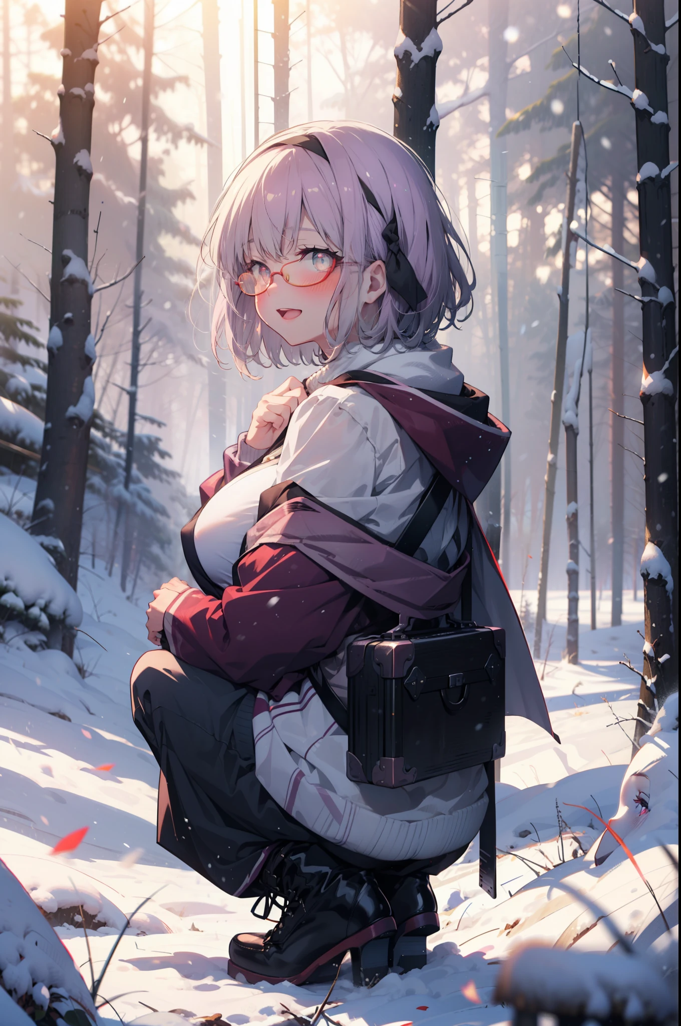 akaneshinjou, shinjou akane, Light purple hair, (Pink Eyes:1.2), short hair,Akagi Glasses,hair band,smile,blush,White Breath,Big Breasts,
Open your mouth,snow,Ground bonfire, Outdoor, boots, snowing, From the side, wood, suitcase, Cape, Blurred, having meal, forest, White handbag, nature,  Squat, Mouth closed, Cape, winter, Written boundary depth, Black shoes, red Cape break looking at viewer, Upper Body, whole body, break Outdoor, forest, nature, break (masterpiece:1.2), Highest quality, High resolution, unity 8k wallpaper, (shape:0.8), (Beautiful and beautiful eyes:1.6), Highly detailed face, Perfect lighting, Highly detailed CG, (Perfect hands, Perfect Anatomy),