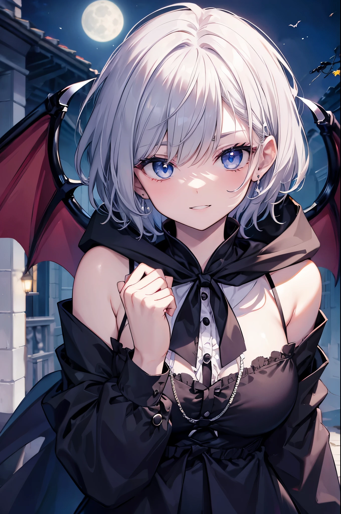 ((((vampire　Inflammation))))　(((Gray Hair　short hair　blue eyes　woman　Center close-up)))，((night　full moon　My own big wings))，(Wearing a hood　Black camisole　Purple light　Wearing a cape)，　Creepy Smile　Showing teeth　Shining Background　Shining Edges