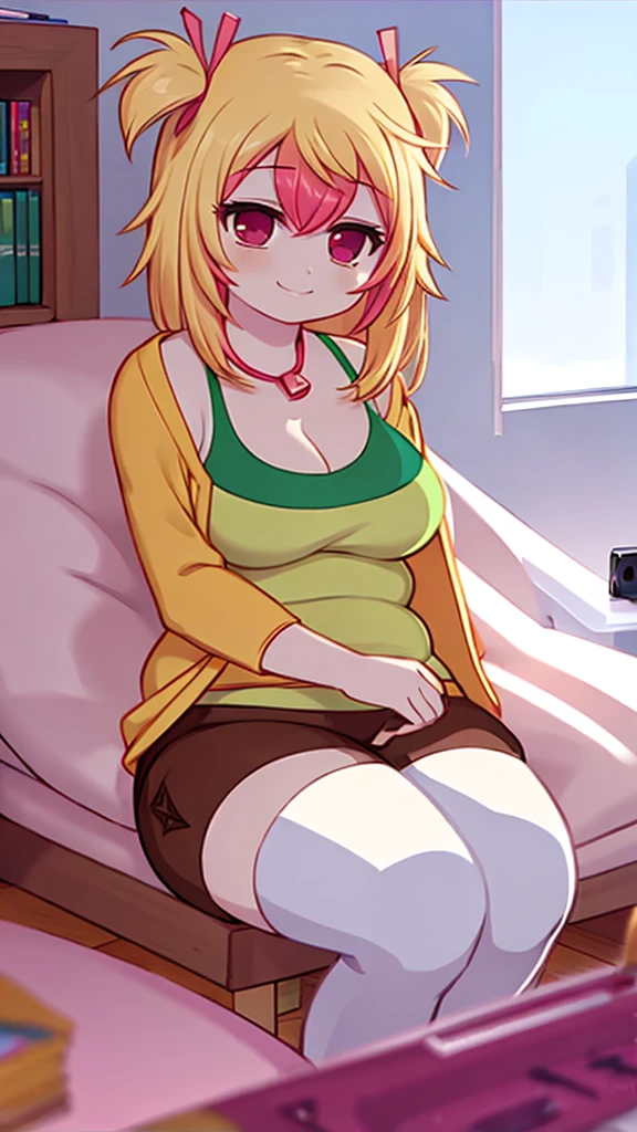 mio, 1girl, solo, breasts, blonde hair, multicolored hair, red eyes,large breasts,  cleavage, shorts, long hair, thighhighs,  brown shorts,  camisole, shirt, smile,  ribbon, indoors, bedroom, gaming_chair, fat, fat belly