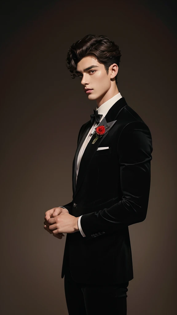 Cinematic photo, wide angle, of a handsom man, 24 years old, shaven , short curly brown hair. dark brown tight velvet suit, with black flower patterns. Minimalistic background, clean composition, strong details, Muted Colours, Hasselblad --style raw, tall and muscular body, vintage, realistic