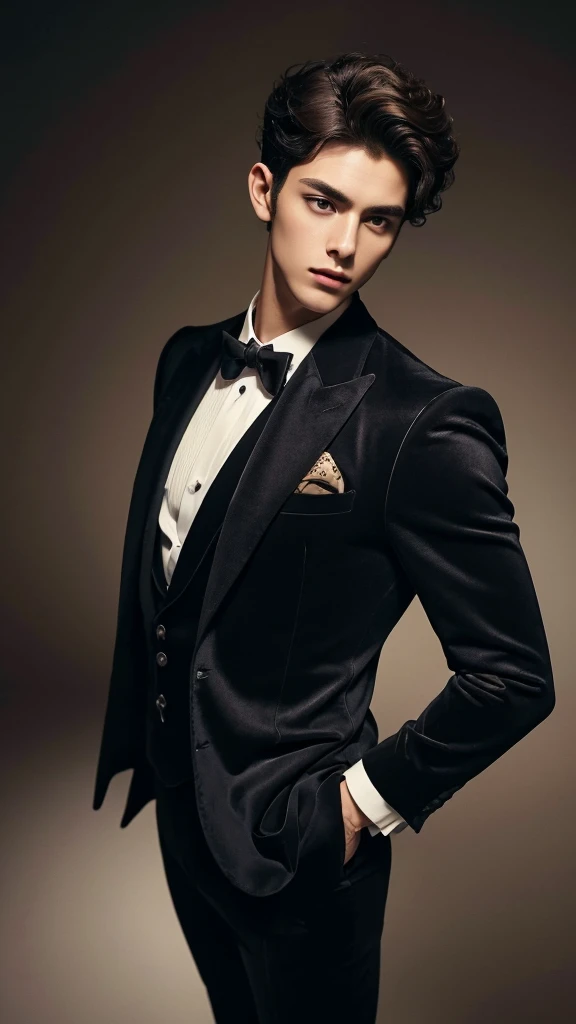 Cinematic photo, wide angle, of a handsom man, 24 years old, shaven , short curly brown hair. dark brown tight velvet suit, with black flower patterns. Minimalistic background, clean composition, strong details, Muted Colours, Hasselblad --style raw, tall and muscular body, vintage, realistic