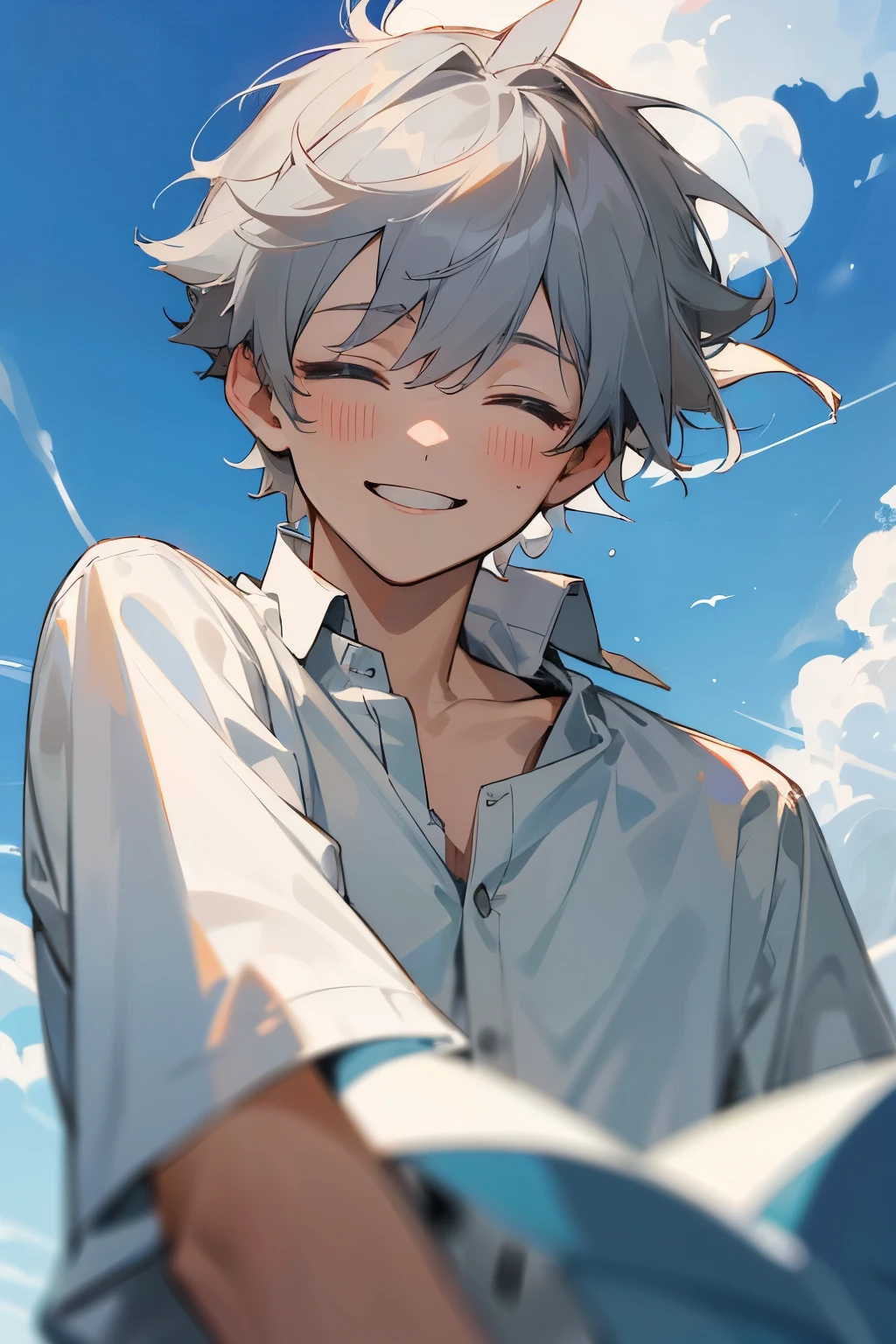 (Mastepiece), (Best Quality), Very detailed, (1 boy:1.5)，Shooting from below、Solo Shooting，Perfect Face, Beautiful Face, Very detailed顔，(Gray Hair:1.3)，(short hair:1.3)、(Happy Face:1.4)，(Close your eyes and laugh:1.3)，(White shirt:1.4)、(Hair blowing in the wind:1.4)，The atmosphere that seems to disappear，(blue sky_cumulonimbus)、summer、ephemeral