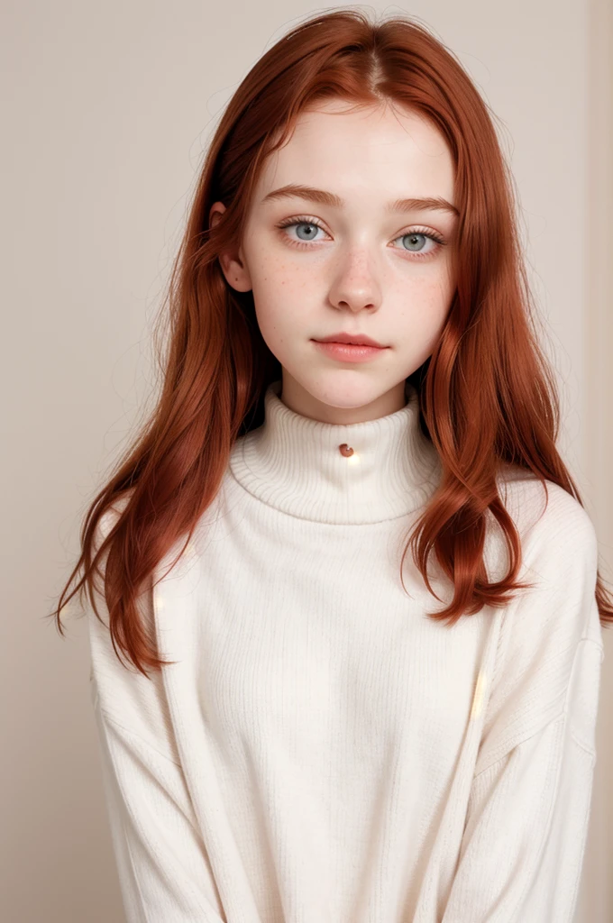 raw photo,(13yo skinny redhead girl:1.2), cheek dimples, blushing, graphic eyeliner, rouge, (lipstick:0.6), (choker:0.9), realistic skin texture, oversize knit sweater, (red:0.8), softcore, warm lighting, cosy atmosphere, instagram style, nsfw , naive, shy, short, thin, fit, beautiful, cute, pale skin, rogue smirk.
