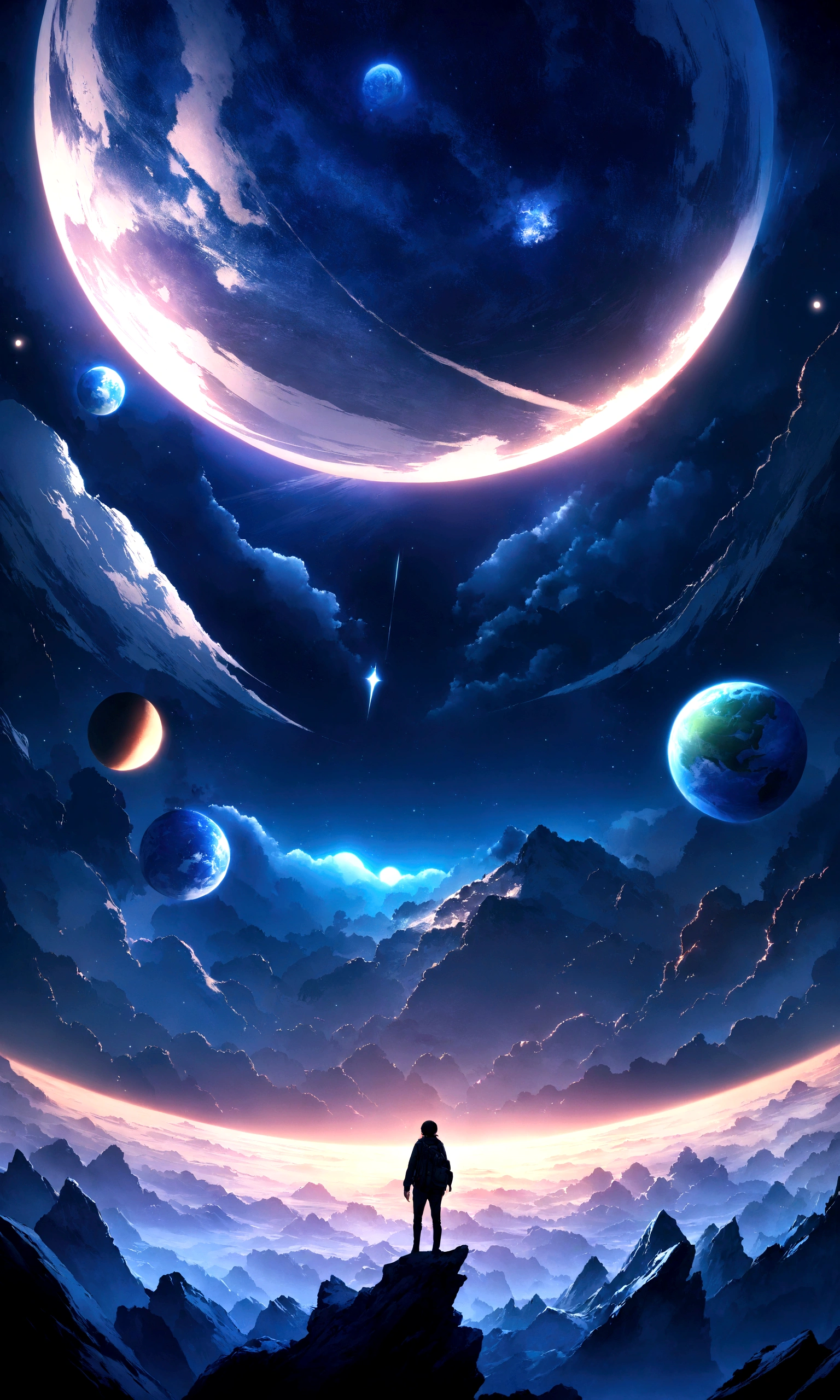 Top quality, 4k wallpaper, masterpiece, highly detailed CG Unity 8k wallpaper, very fine eyes, super detailed, intricate detail, ridiculous world, Miraikan, Earth, midnight night sky, sky, clouds, dark, intense landscape , imaginary space, lone man, outer space, flying in the sky, meteorite, planet, super high resolution