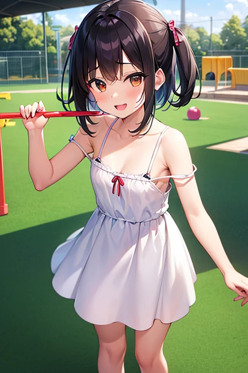 masterpiece, extra limbs, 1girl,8years old, black straight hair, tareme brown eyes, (((delighted))), (white sundress strap slip),spread arms,standing, playground equipment,high angle