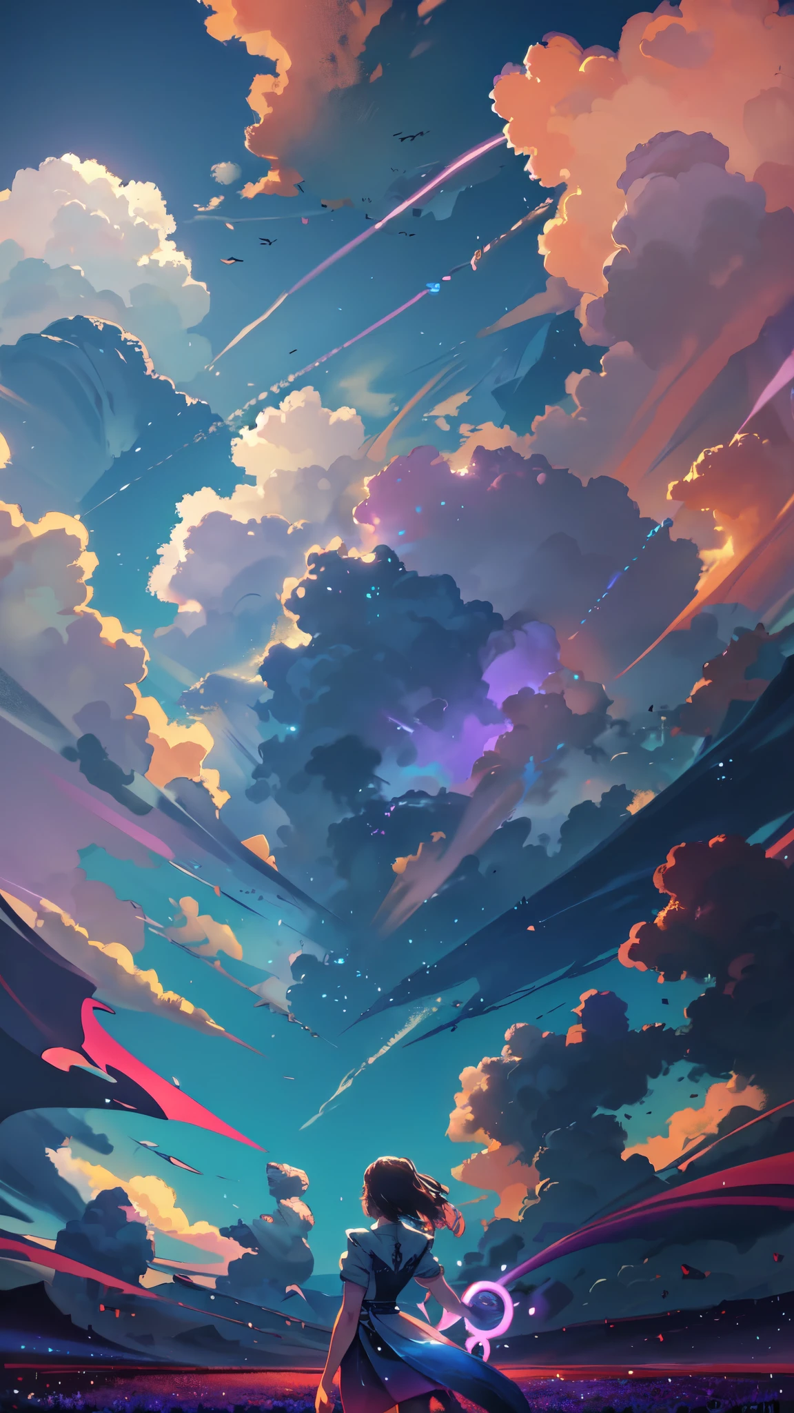 expansive landscape photograph , (a view from below that shows sky above and open field below), a girl standing on flower field looking up, bright sunny day (clouds:1.2), distant mountain, tree BREAK
production art, lot of purple and orange, intricate details, volumetric lighting, realism BREAK
(masterpiece:1.2), detailed shadows, (best quality), 4k, ultra-detailed, (dynamic composition:1.4), highly detailed, colorful details,( iridescent colors:1.2), (glowing lighting, atmospheric lighting), dreamy, magical, (solo:1.2)