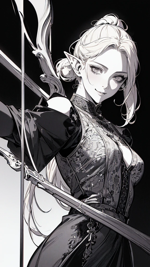 Highest quality, (Background details), High Contrast, Very beautiful woman, Detailed original illustrations, functional, Archer、Elf, Ponytail Delicate face, charm, Bad boy, sexy, Platinum Blonde、White sundress、Real breasts, Small breasts、Crazy Smile, Crazy Eyes, Black background, (Black background: 1. 5), Beautiful line art, Monochrome
