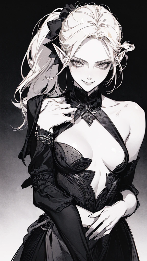 Highest quality, (Background details), High Contrast, Very beautiful woman, Detailed original illustrations, functional, Archer、Elf, Ponytail Delicate face, charm, Bad boy, sexy, Platinum Blonde、Real breasts, Small breasts、Crazy Smile, Crazy Eyes, Black background, (Black background: 1. 5), Beautiful line art, Monochrome