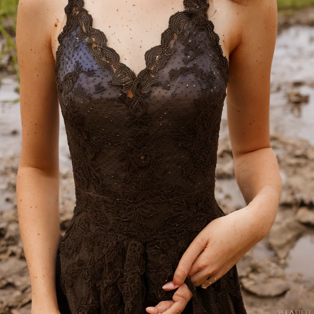 dark Brown hair, nerd, small rectangle glasses, wavy hair, American girl, small breast, cleavage, no sleeves, halter top dress (((black dress with blue dots))) blue poks dots on black dress ,A line skirt, high heels, mud on dress, sinking into mud, smiling, happy, enjoying, stuck in mud, sinking, waist deep in mud, ruined dress, mud covered dress, close up view of face and chest, waist deep in mud, see thru dress, lacy bra