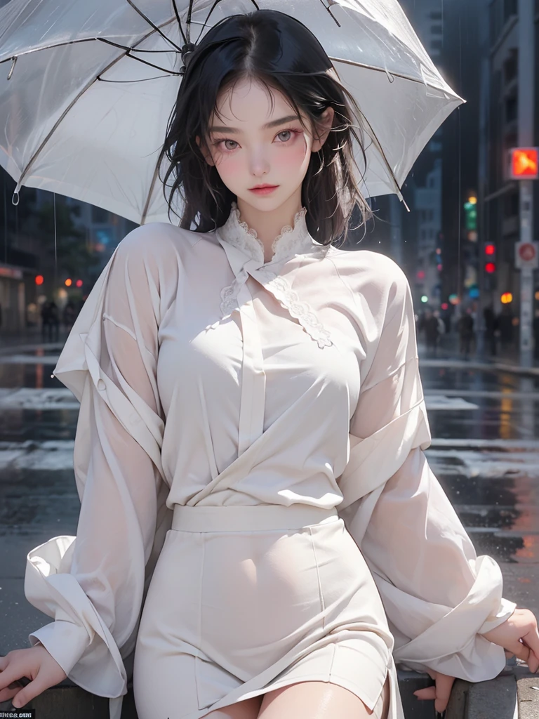 ((best quality, 8K, masterpiece: 1.3)),upper body,Black Hair, black eye,sharp focus: 1.2, beautiful woman with a perfect body: 1.4, ((ポニーテール, large: 1.2)), (small and beautiful hard (White long sleeve blouse with lace、Silk Tight darkmagenta long skirt), (wet from rain: 1.2), (rain, street: 1.2), wet body: 1.1, Highly detailed face and skin texture, detailed eyes, double eyelids, White skin,,E cup,smile,Financial district of the big city,Skyscraper,White skin,Wet Hair、Wet Skin、Wet clothes、smile、