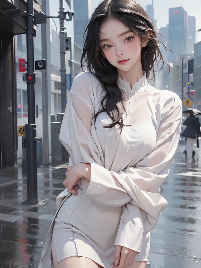 ((best quality, 8K, masterpiece: 1.3)),upper body,Black Hair, black eye,sharp focus: 1.2, beautiful woman with a perfect body: 1.4, ((ポニーテール, large: 1.2)), (small and beautiful hard (White long sleeve blouse with lace、Silk Tight darkmagenta long skirt), (wet from rain: 1.2), (rain, street: 1.2), wet body: 1.1, Highly detailed face and skin texture, detailed eyes, double eyelids, White skin,,E cup,smile,Financial district of the big city,Skyscraper,White skin,Wet Hair、Wet Skin、Wet clothes、smile、 