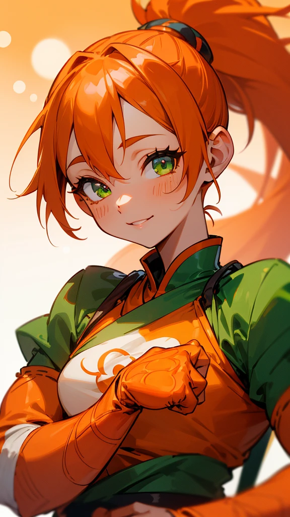 1 Girl、8K、Sharp focus、(Bokeh) (Highest quality) (Detailed skin:1.3) (Intricate details) (anime)、Orange clothes、Orange Hair、ponytail、Beautiful green eyes、Wicked Smile、Loincloth、Shrimp mascot、Upper body close-up