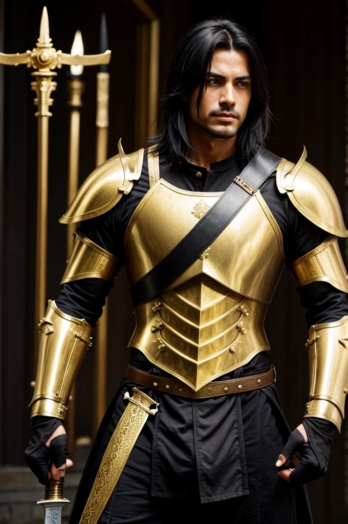 A male worrier with golden Armour, black haired with two long swords