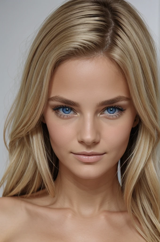 Visage blonde yeux bleue, regarder le spectateur, réaliste, 30 ans, épaules nue, bijoux, tout le corps, hors des épaules, un collier, tout le corps
