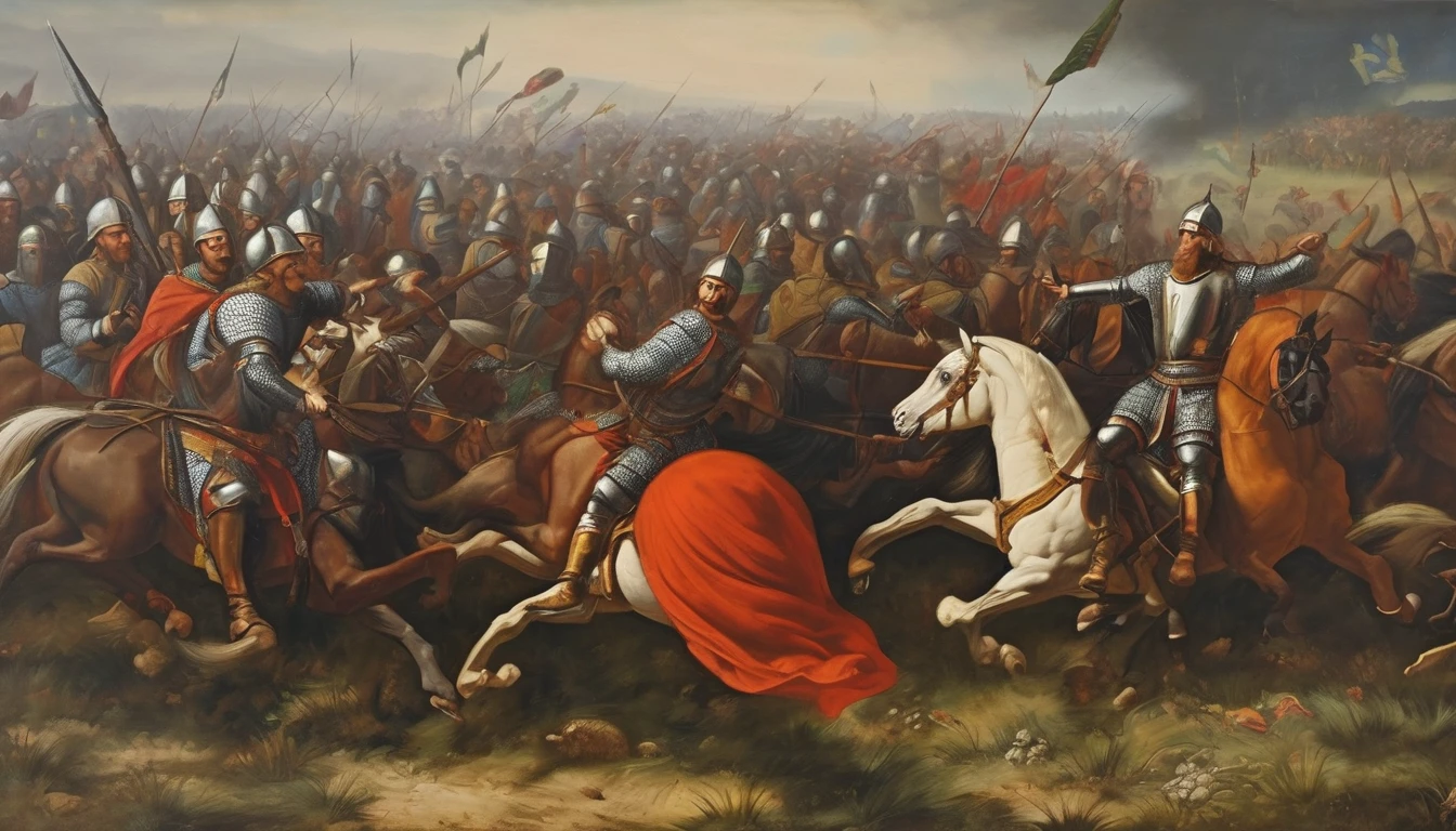 Oil painting, 9th century, European battlefield,