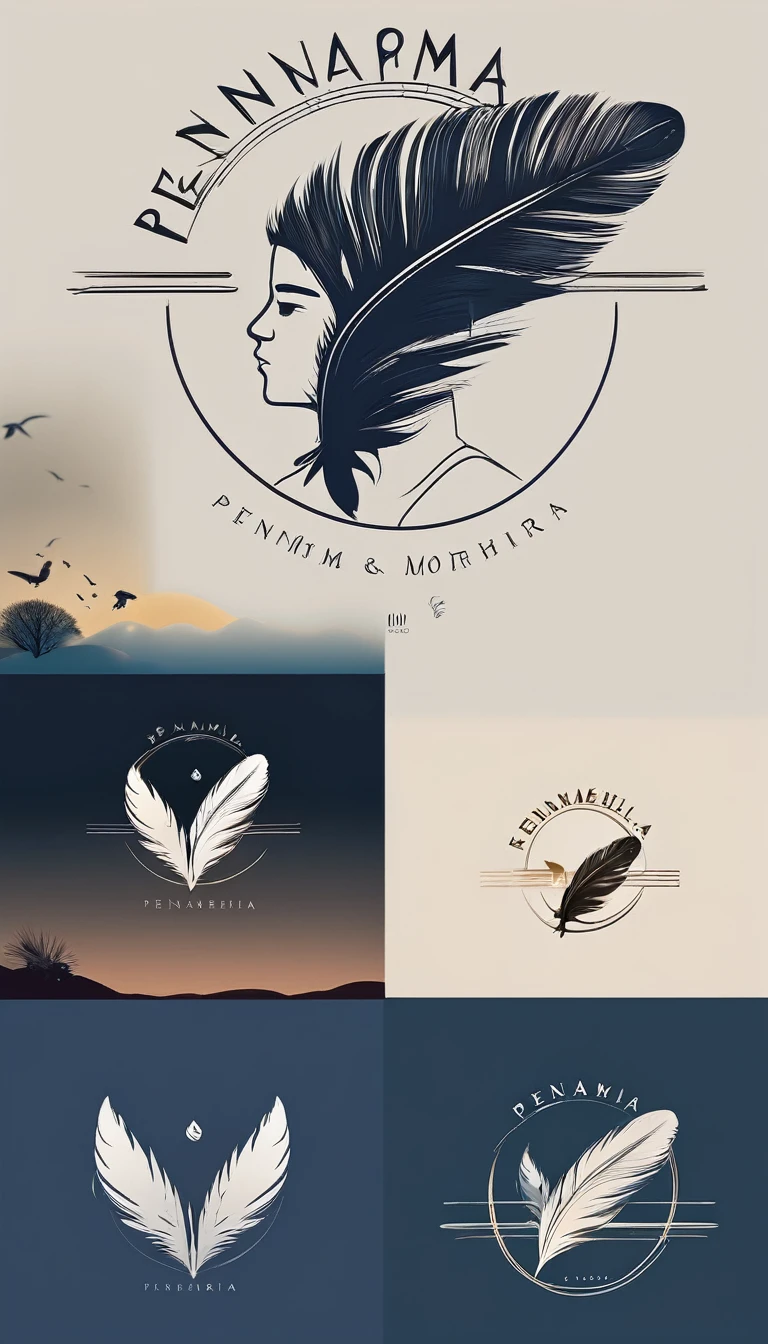 A minimalist, fantastic, poetic, dreamy, captivating, memorable, masterpiece, modern, simple logo design of a boy and a feather for the brand “Penamemoria". The logo must convey a sense of music, stories and dreams. Minimalistic logo design of a boy and a feather.