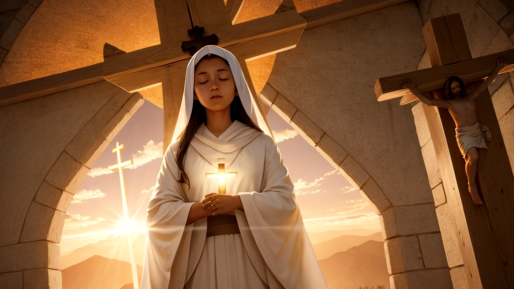 "Description: Illustrate a scene where a diverse group of believers stands united in a radiant light that emanates from a cross in the background, symbolizing faith in Jesus Christ as the source of eternal life. Each individual should have a peaceful and assured expression.
Details: Use soft, warm colors to convey a sense of assurance and divine presence. Include elements such as open Bibles, serene landscapes, and a glowing cross. The visual should emphasize the unity and assurance that faith in Christ brings to believers."