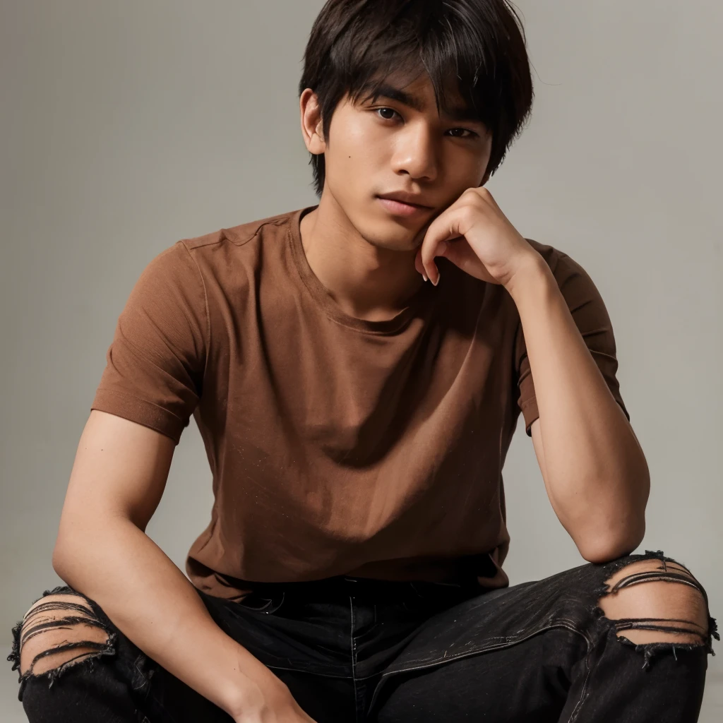 a 20 year old Indonesian man wearing a short-sleeved brown shirt with bangs and ripped black jeans and white sneakers while posing coolly with his face detailed and clear against the studio background