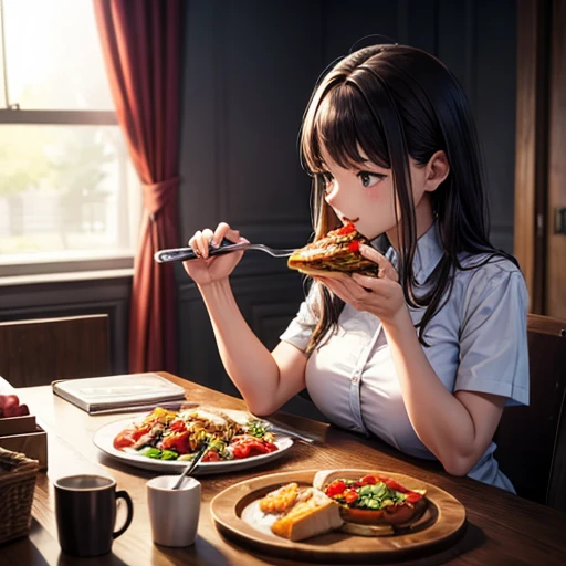 A woman eating meals