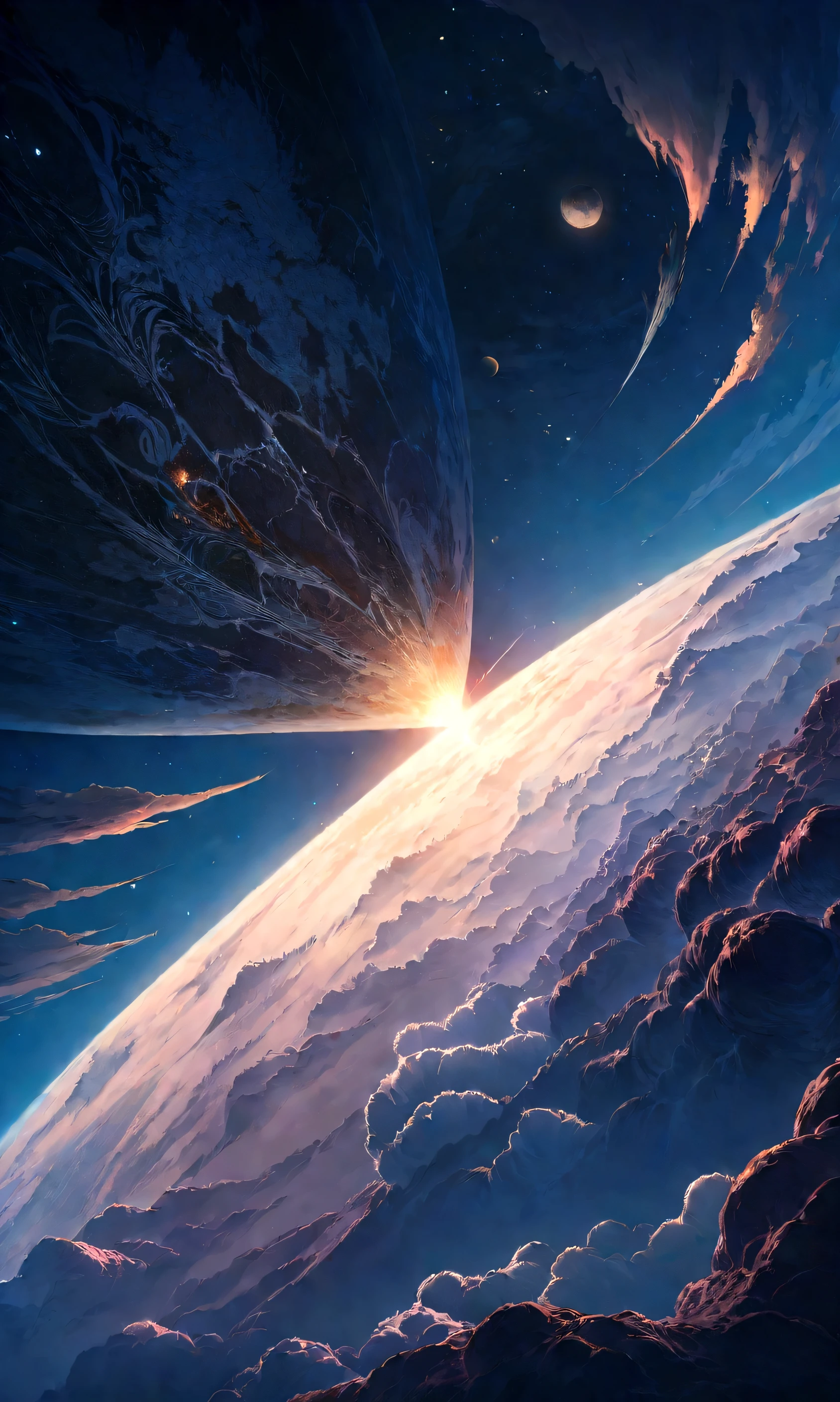 Top quality, 4k wallpaper, masterpiece, highly detailed CG Unity 8k wallpaper, very fine eyes, super detailed, intricate detail, ridiculous world, Miraikan, Earth, midnight night sky, sky, clouds, dark, intense landscape , imaginary space, lone man, outer space, flying in the sky, meteorite, planet, super high resolution