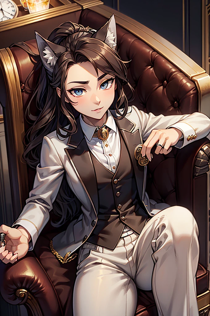 wolf with graphite fur, chocolate colored eyes, wearing an elegant white suit with pocket watch on his waistcoat, wearing a ring on her little finger, holding a glass of whiskey, sitting in a leather armchair, camera angle from bottom to top diagonally