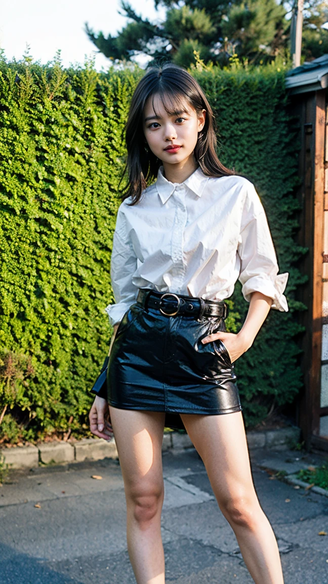 (8K、RAW Photos、Highest quality、masterpiece:1.2)、(Realistic、Realistic)、1 Girl、((mini skirt、shirt、garden、Black and Pink、Thin legs、Looking into the camera、belt、Stand with hands on hips))、