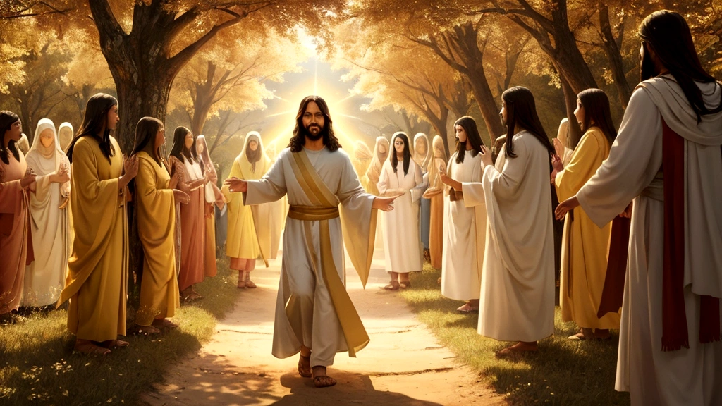 "Description: Depict a serene and heavenly scene where believers are walking towards a radiant figure of Jesus Christ, who stands welcoming them with open arms. This signifies that life is found in the Son of God.
Details: Use bright, heavenly colors to create a sense of divine presence and warmth. Incorporate elements such as a shining path, angelic figures, and a peaceful landscape. The visual should underscore the assurance of eternal life through faith in Jesus Christ."