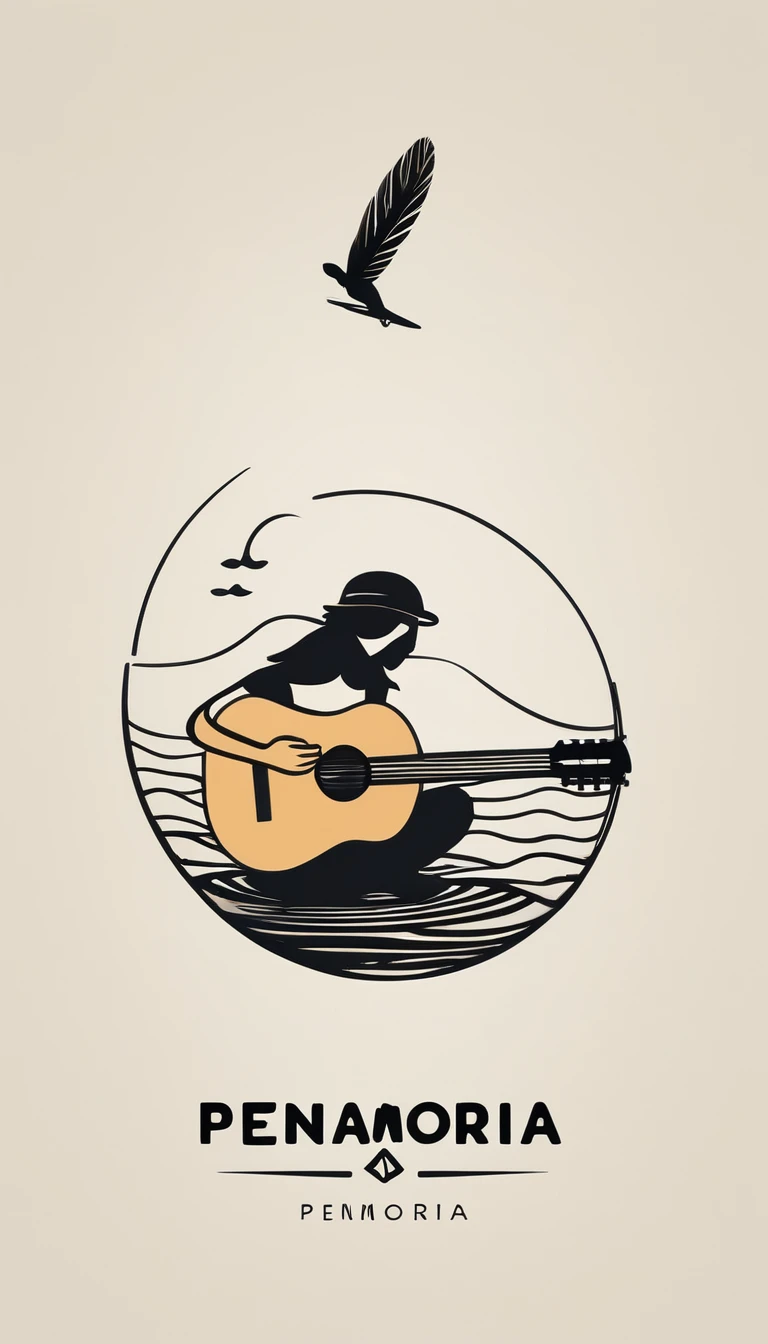 A minimal, modern, simple, cinematic logotype for the brand “Penamemoria". The logotype must be a simple, magical feather and a boy playing acoustic guitar. The logo must convey a sense of music, stories and dreams. Logo design impressed on a book cover. Minimalistic logo