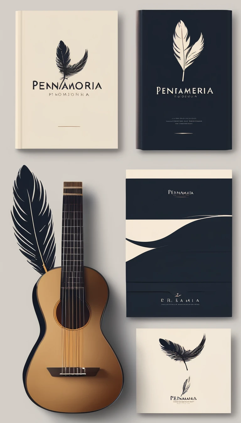 A minimal, modern, simple, cinematic logotype for the brand “Penamemoria". The logotype must be a simple, magical feather and a boy playing acoustic guitar. The logo must convey a sense of music, stories and dreams. Logo design impressed on a book cover. Minimalistic logo
