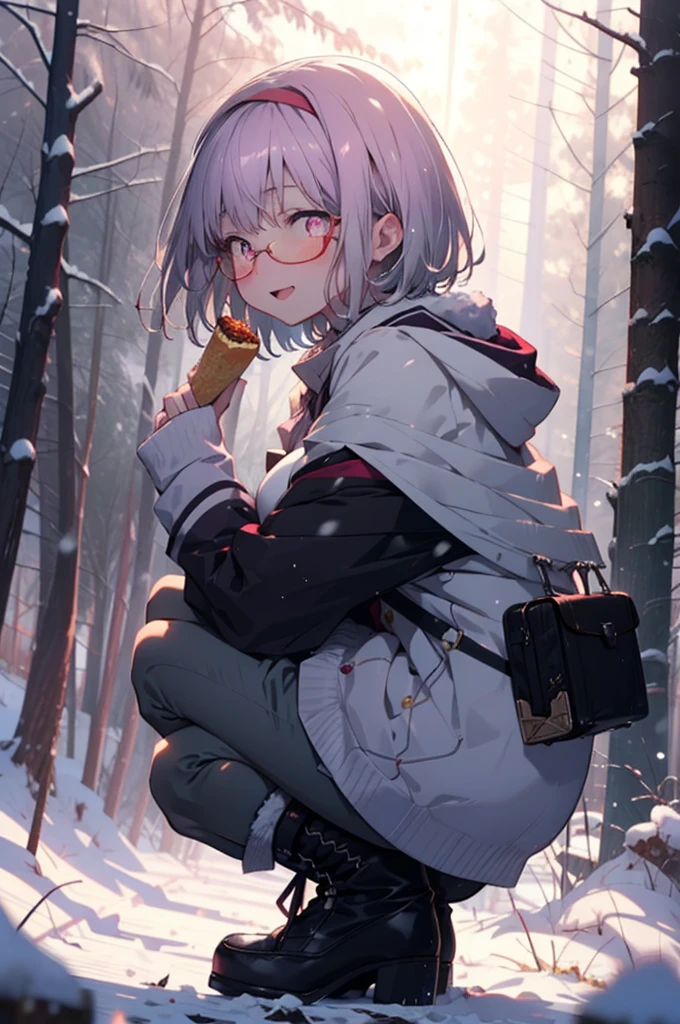 akaneshinjou, shinjou akane, Light purple hair, (Pink Eyes:1.2), short hair,Akagi Glasses,hair band,smile,blush,White Breath,Big Breasts,
Open your mouth,snow,Ground bonfire, Outdoor, boots, snowing, From the side, wood, suitcase, Cape, Blurred, having meal, forest, White handbag, nature, Squat, Mouth closed, Cape, winter, Written boundary depth, Black shoes, red Cape break looking at viewer, Upper Body, whole body, break Outdoor, forest, nature, break (masterpiece:1.2), Highest quality, High resolution, unity 8k wallpaper, (shape:0.8), (Beautiful and beautiful eyes:1.6), Highly detailed face, Perfect lighting, Highly detailed CG, (Perfect hands, Perfect Anatomy),