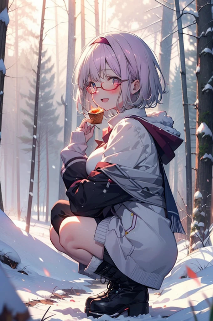 akaneshinjou, shinjou akane, Light purple hair, (Pink Eyes:1.2), short hair,Akagi Glasses,hair band,smile,blush,White Breath,Big Breasts,
Open your mouth,snow,Ground bonfire, Outdoor, boots, snowing, From the side, wood, suitcase, Cape, Blurred, having meal, forest, White handbag, nature, Squat, Mouth closed, Cape, winter, Written boundary depth, Black shoes, red Cape break looking at viewer, Upper Body, whole body, break Outdoor, forest, nature, break (masterpiece:1.2), Highest quality, High resolution, unity 8k wallpaper, (shape:0.8), (Beautiful and beautiful eyes:1.6), Highly detailed face, Perfect lighting, Highly detailed CG, (Perfect hands, Perfect Anatomy),