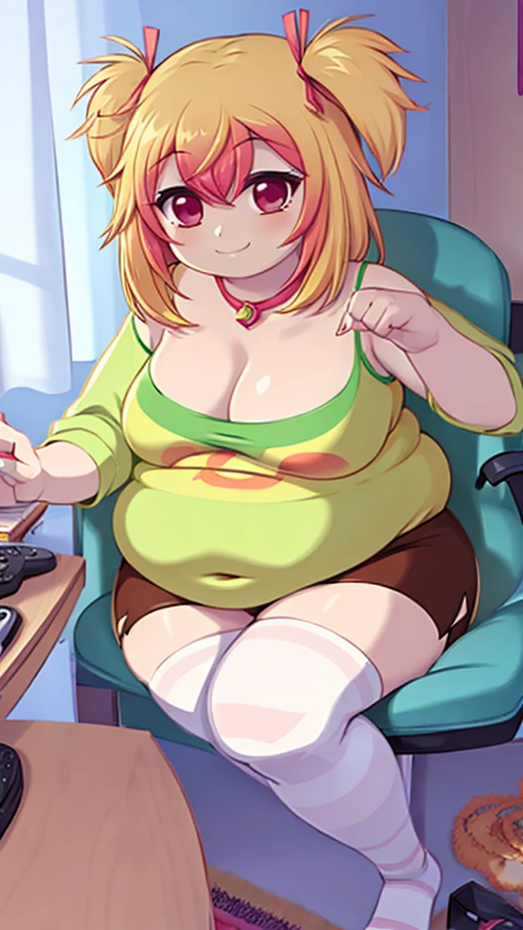 mio, 1girl, solo, breasts, blonde hair, multicolored hair, red eyes,large breasts,  cleavage, shorts, long hair, thighhighs,  brown shorts,  camisole, shirt, smile,  ribbon, indoors, bedroom, gaming_chair, fat, fat belly