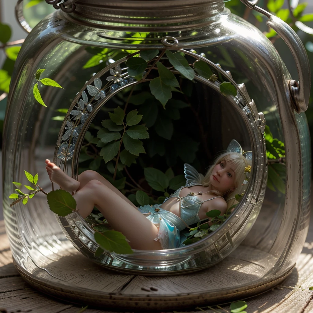 a little fairy trapped in a glass jar. outfit with leaves. White hair. blonde, blue eyes, fairy. tiny. little fairy inside a glass jar.