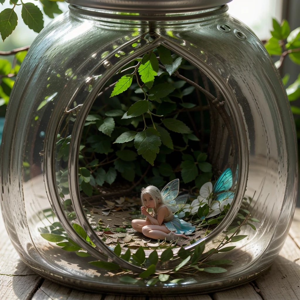 a little fairy trapped in a glass jar. outfit with leaves. White hair. blonde, blue eyes, fairy. tiny. little fairy inside a glass jar.