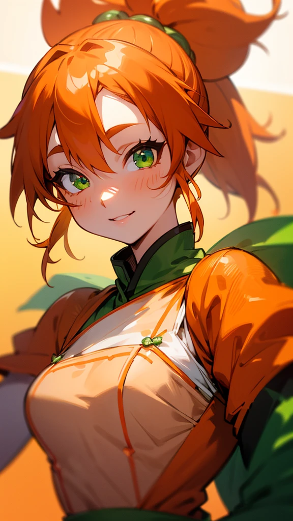 1 Girl、8K、Sharp focus、(Bokeh) (Highest quality) (Detailed skin:1.3) (Intricate details) (anime)、Orange clothes、Orange Hair、ponytail、Beautiful green eyes、Wicked Smile、Loincloth、Shrimp mascot、Upper body close-up