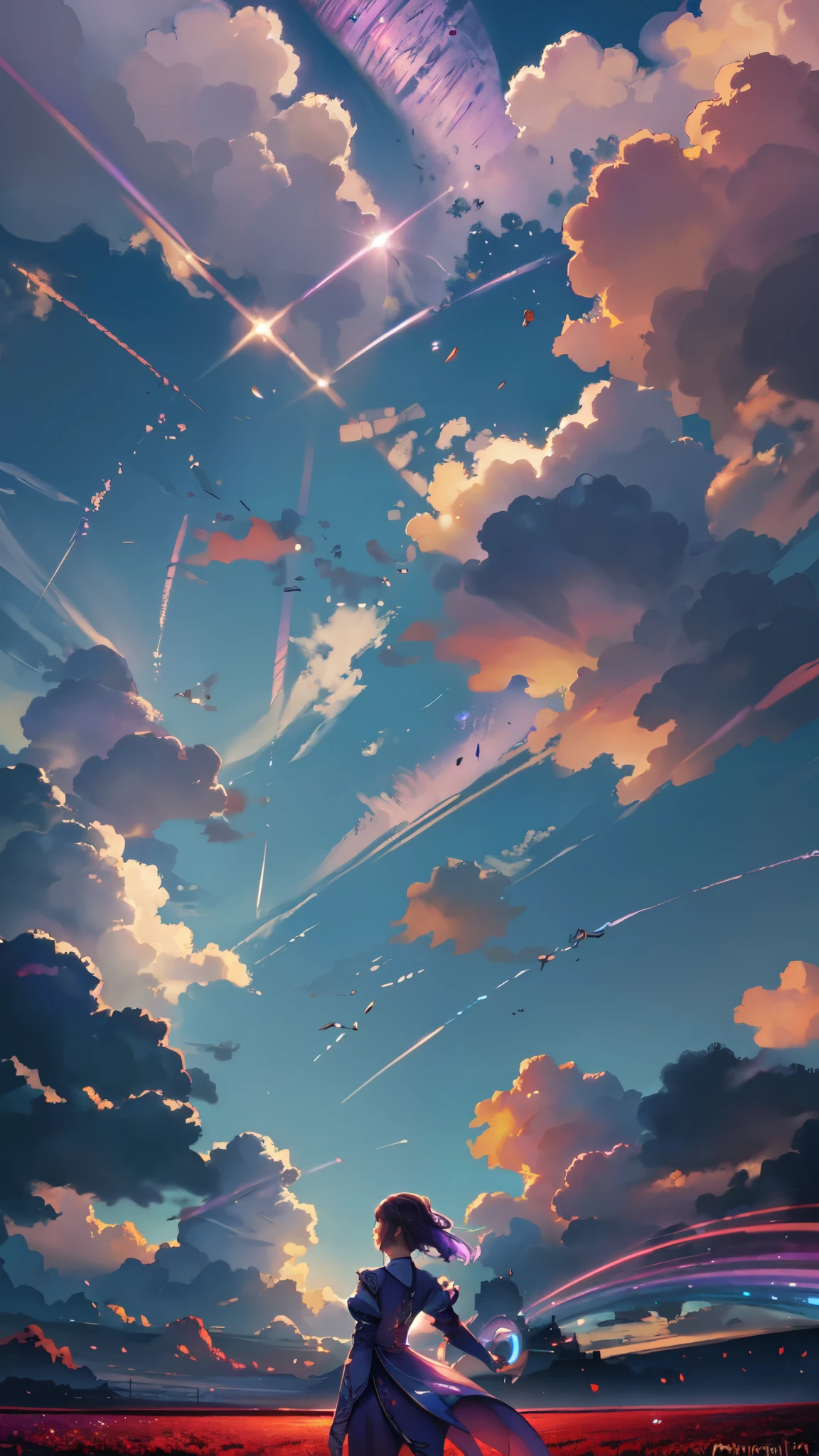 expansive landscape photograph , (a view from below that shows sky above and open field below), a girl standing on flower field looking up, bright sunny day (clouds:1.2), distant mountain, tree BREAK
production art, lot of purple and orange, intricate details, volumetric lighting, realism BREAK
(masterpiece:1.2), detailed shadows, (best quality), 4k, ultra-detailed, (dynamic composition:1.4), highly detailed, colorful details,( iridescent colors:1.2), (glowing lighting, atmospheric lighting), dreamy, magical, (solo:1.2)
