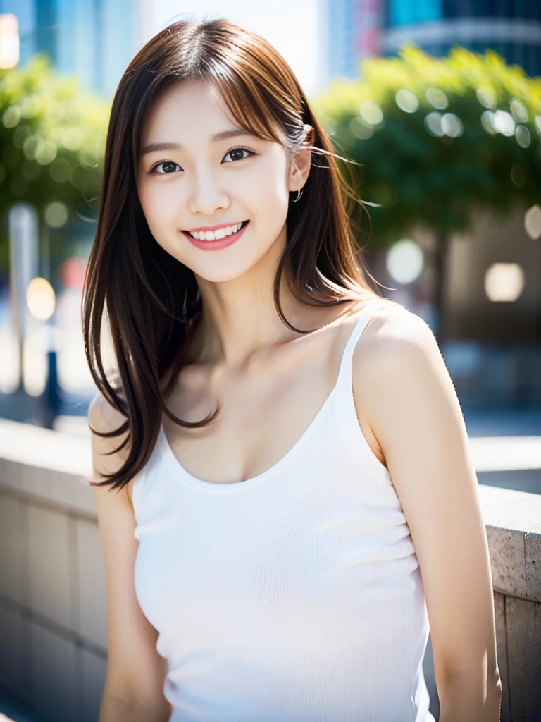 high resolution,4K,Charm、Realistic、Clean and refreshing、Japanese、Vibrant urban background,The charming smile of a cool man in his 20s。love affair、Define your face from the shoulders up。With confidence and flexibility、It has an eye-catching appeal。