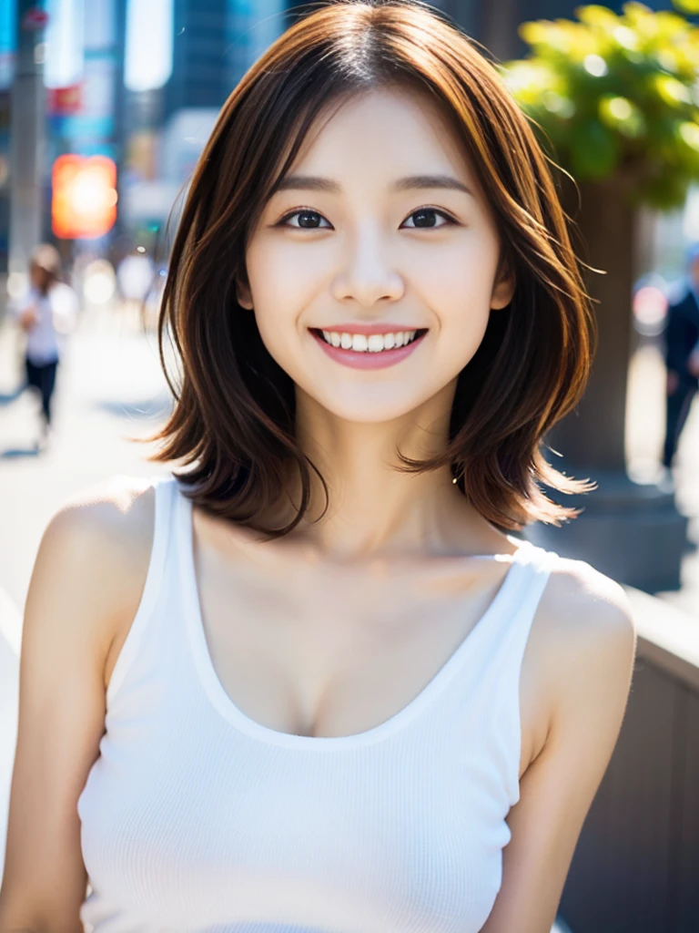 high resolution,４K,Charm、Realistic、Clean and refreshing、Japanese、Vibrant urban background,The charming smile of a cool man in his 20s。love affair、Define your face from the shoulders up。With confidence and flexibility、It has an eye-catching appeal。