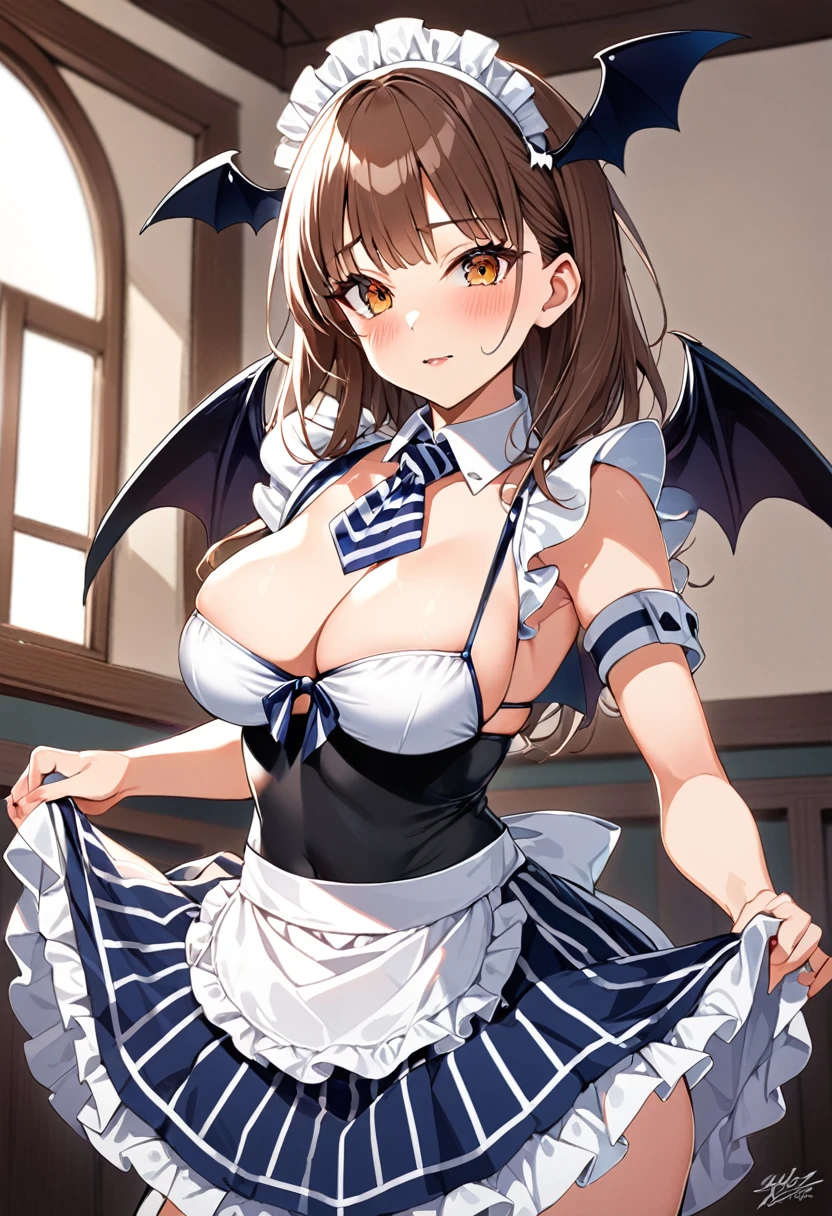 10th Generation,A beautiful woman,Beautiful breasts,Moe,Succubus,bat wings on the back,,Bat wings on the side of the head,Brown Hair,Blue and white striped front tie bikini top,Blue and white striped pants,Ruffled apron dress,Lift up your skirt with both hands,Headdress,Maid,Black knee socks