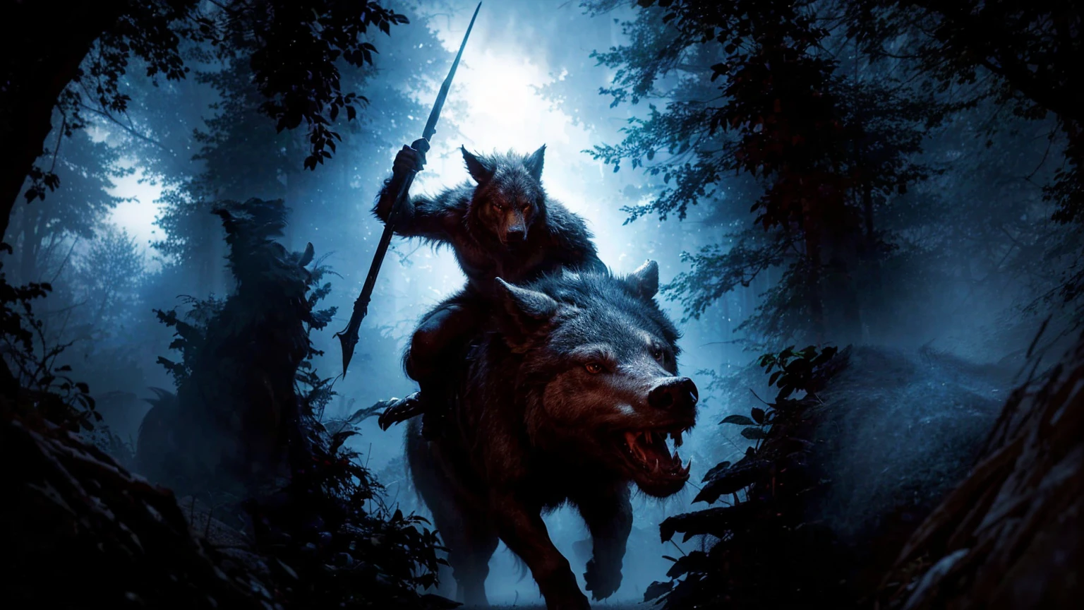 In the midst of a dark, misty forest, a creature with the body of a wolf and the face of a man rides astride wild boar. The creature's fur is a mix of black and gray, blending into the shadows around it. It holds a staff in its right han