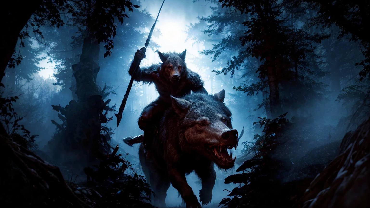 In the midst of a dark, misty forest, a creature with the body of a wolf and the face of a man rides astride wild boar. The creature's fur is a mix of black and gray, blending into the shadows around it. It holds a staff in its right han